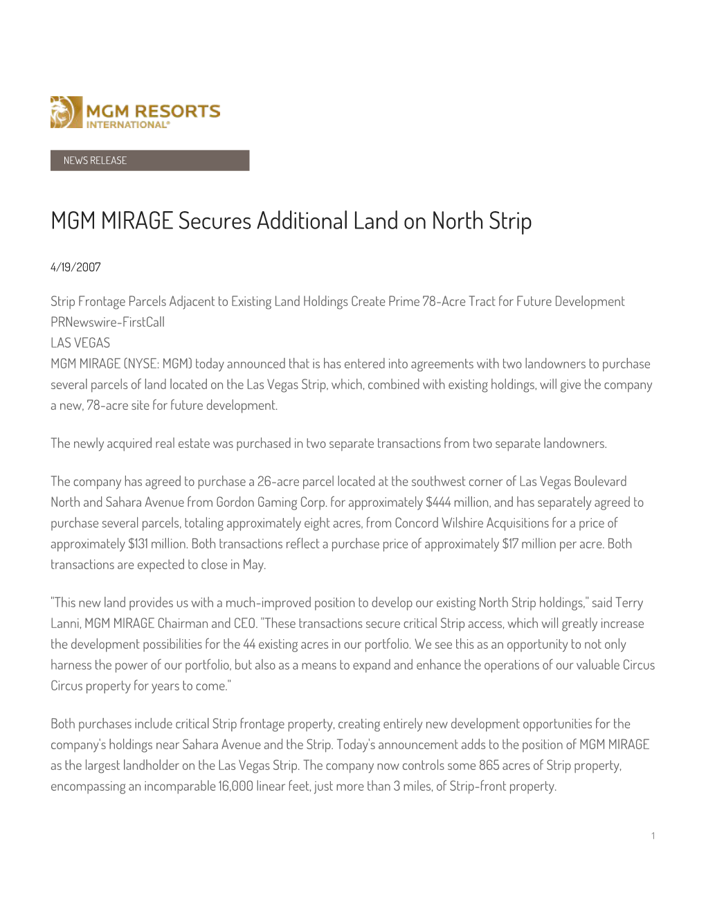 MGM MIRAGE Secures Additional Land on North Strip