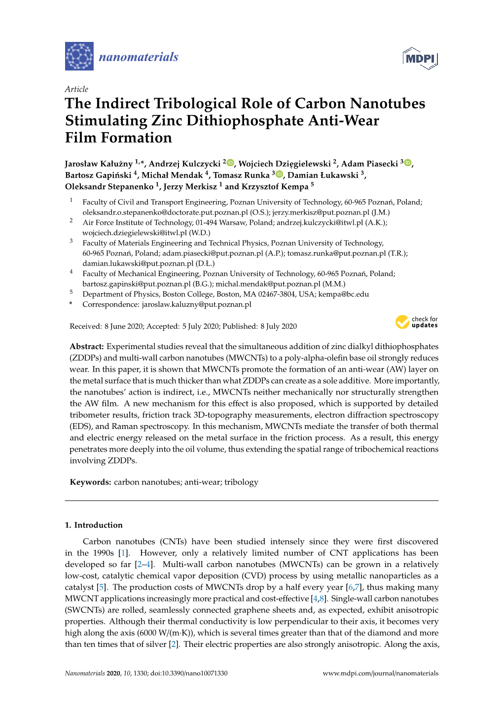 The Indirect Tribological Role of Carbon Nanotubes Stimulating Zinc Dithiophosphate Anti-Wear Film Formation