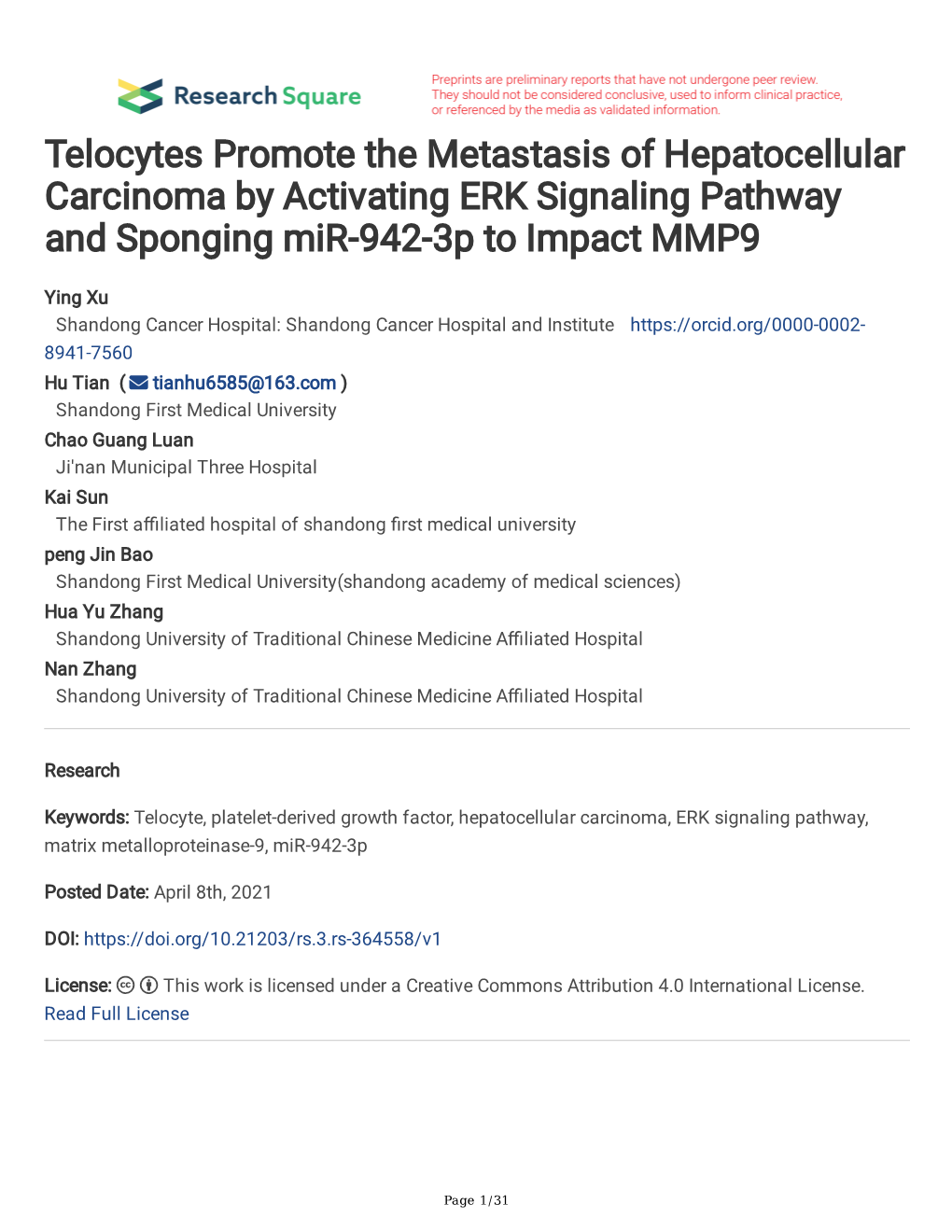 Telocytes Promote the Metastasis of Hepatocellular Carcinoma by Activating ERK Signaling Pathway and Sponging Mir-942-3P to Impact MMP9