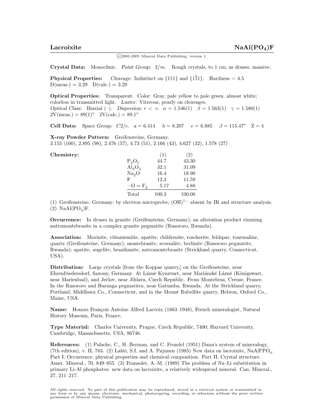 Lacroixite Naal(PO4)F C 2001-2005 Mineral Data Publishing, Version 1