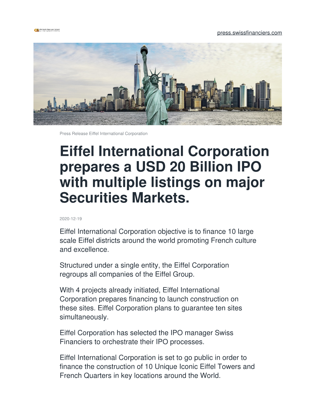 Eiffel International Corporation Prepares a USD 20 Billion IPO with Multiple Listings on Major Securities Markets