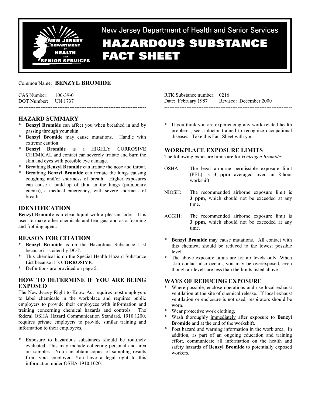 Benzyl Bromide Hazard Summary Identification