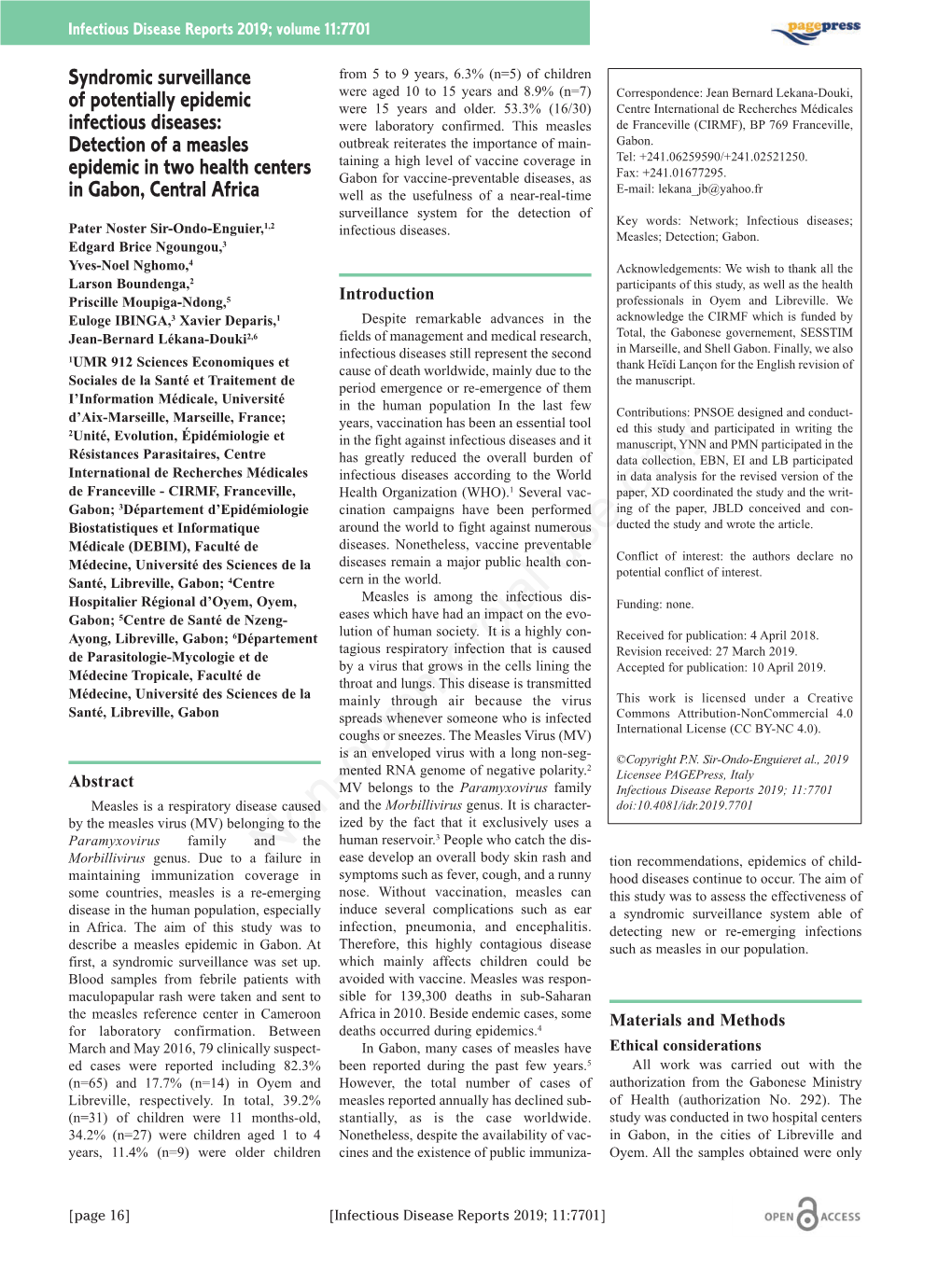 Syndromic Surveillance of Potentially Epidemic Infectious Diseases