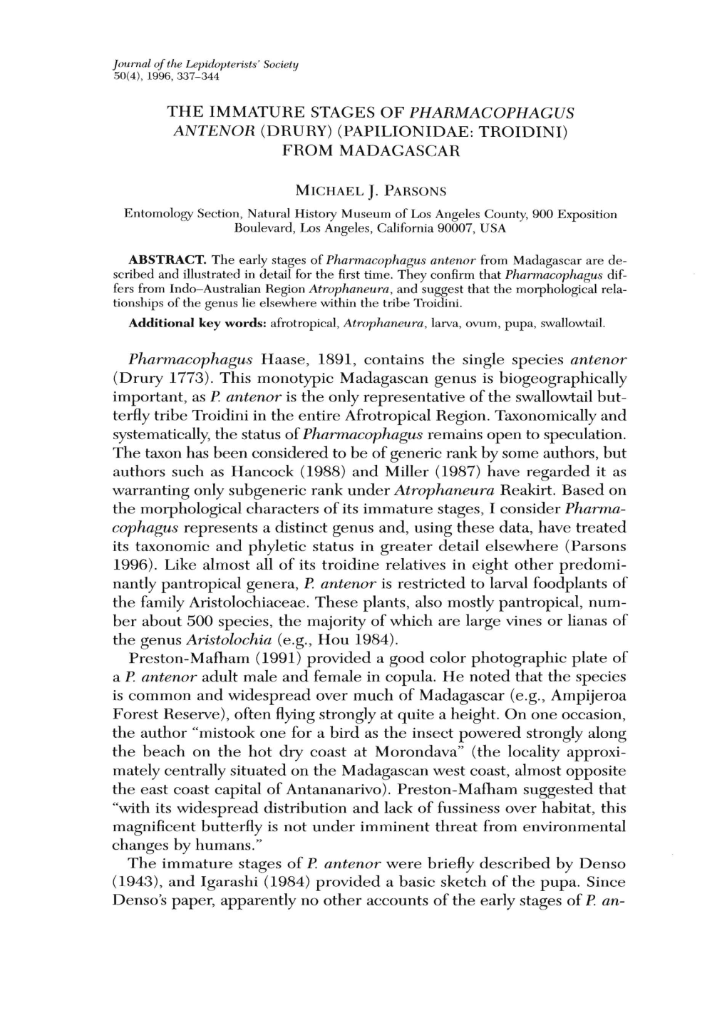 THE IMMATURE STAGES of PHARMACOPHAGUS ANTENOR (DRURY) (PAPILIONIDAE: TROIDINI) from MADAGASCAR Pharmacophagus Haase, 1891, Conta