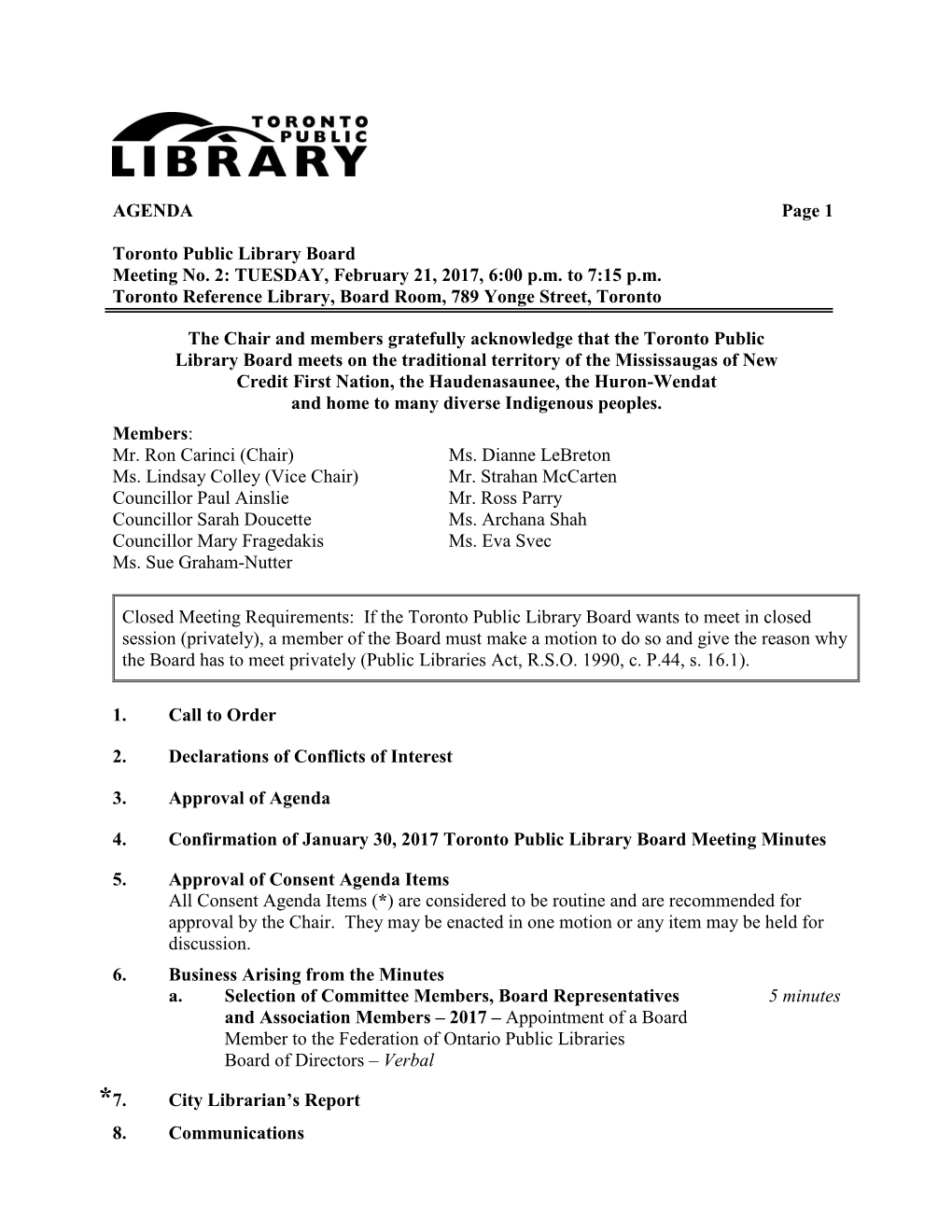 AGENDA Page 1 Toronto Public Library Board Meeting No. 2