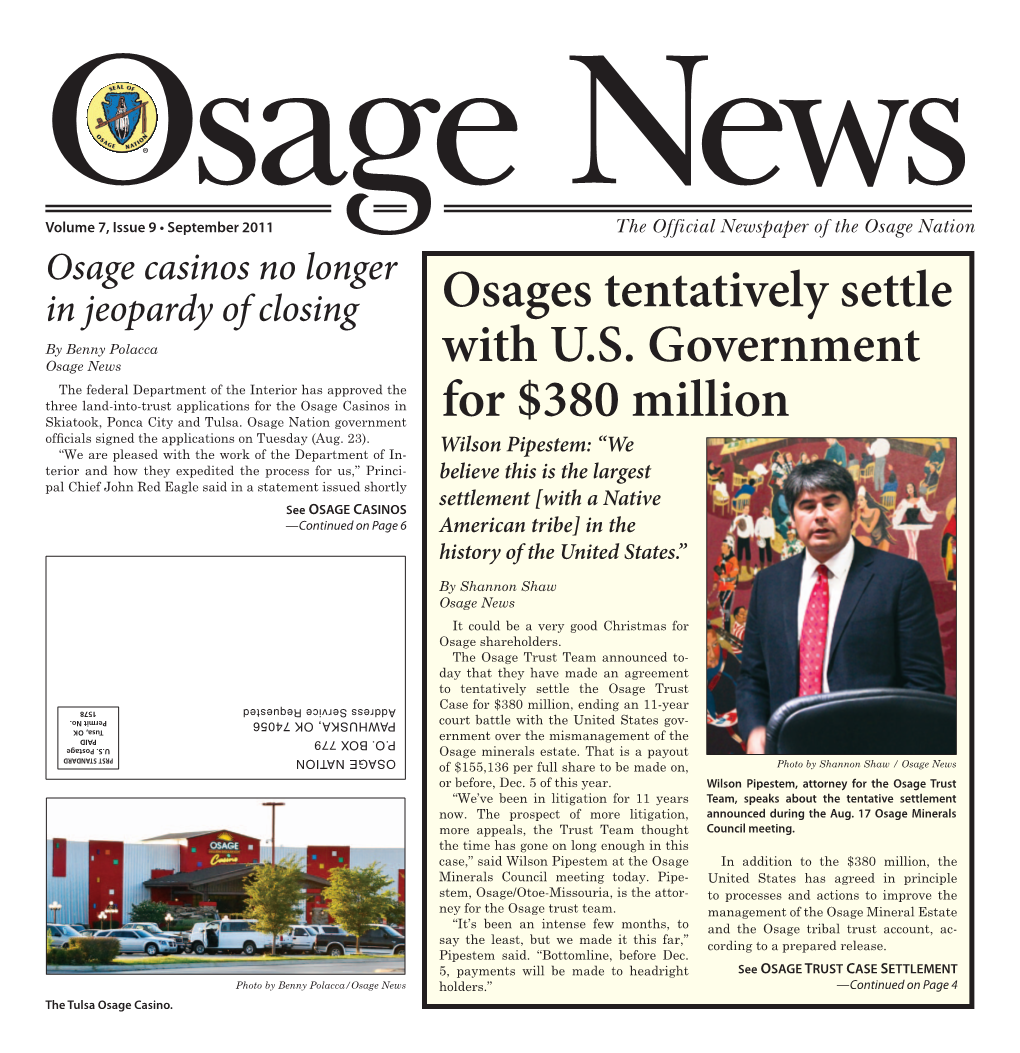 Osages Tentatively Settle with U.S. Government for $380 Million