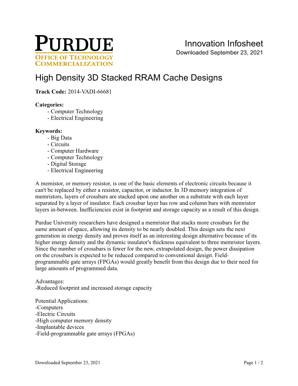 Innovation Infosheet High Density 3D Stacked RRAM Cache Designs