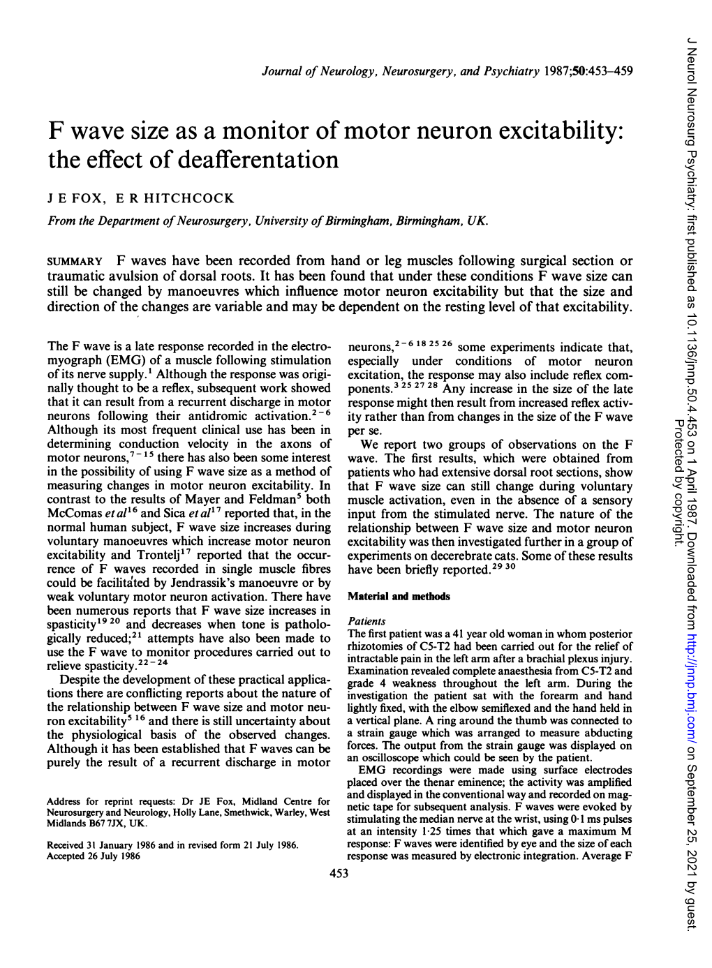 F Wave Size As a Monitor Ofmotor Neuron Excitability