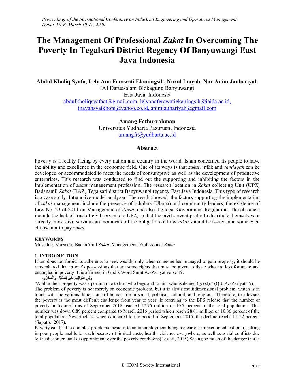 The Management of Professional Zakat in Overcoming the Poverty in Tegalsari District Regency of Banyuwangi East Java Indonesia