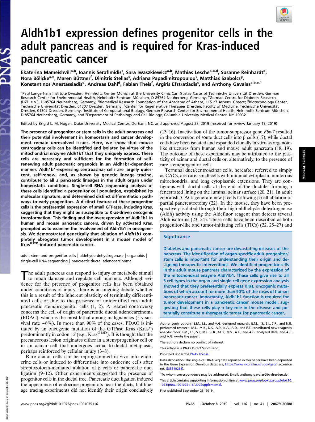 Aldh1b1 Expression Defines Progenitor Cells in the Adult Pancreas and Is Required for Kras-Induced Pancreatic Cancer