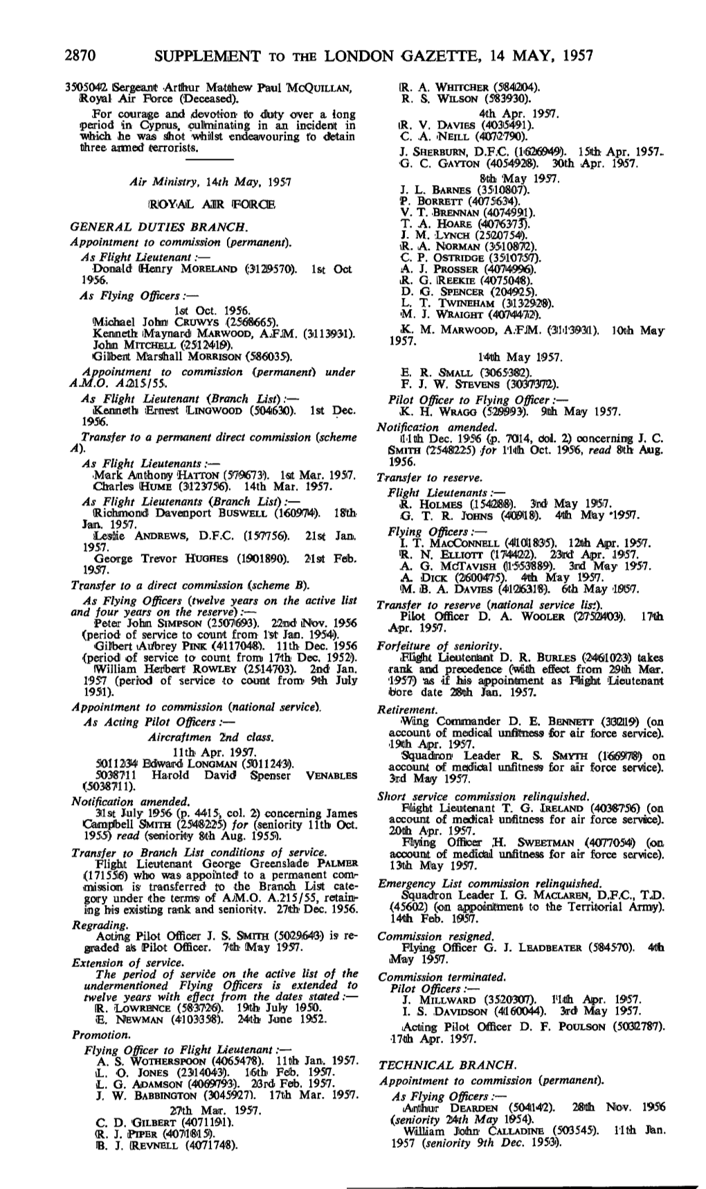 2870 Supplement to the London Gazette, 14 May, 1957