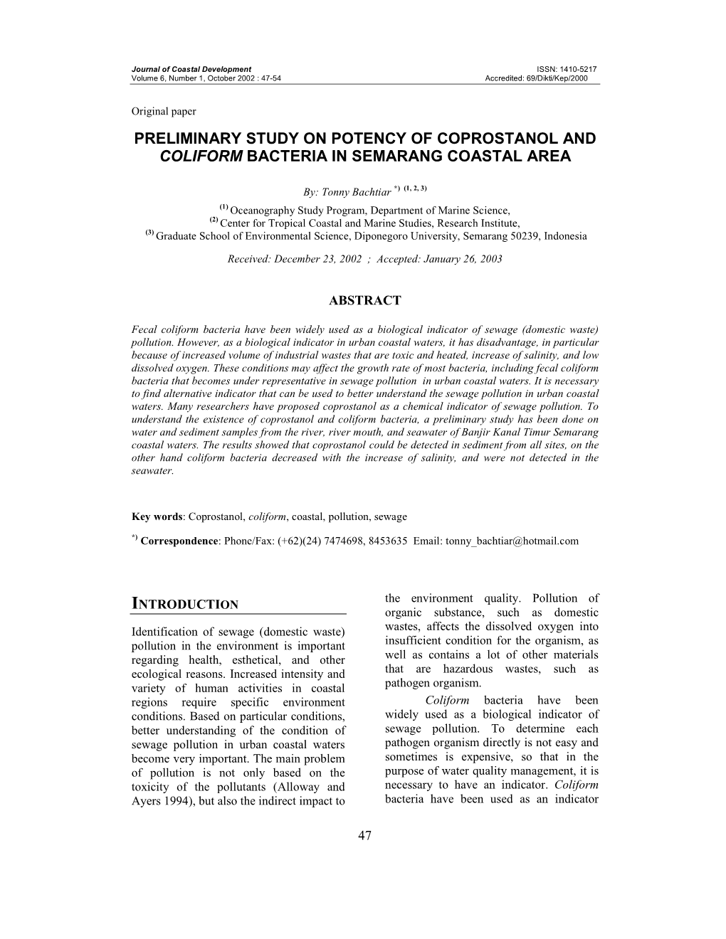 Preliminary Study on Potency of Coprostanol and Coliform Bacteria in Semarang Coastal Area