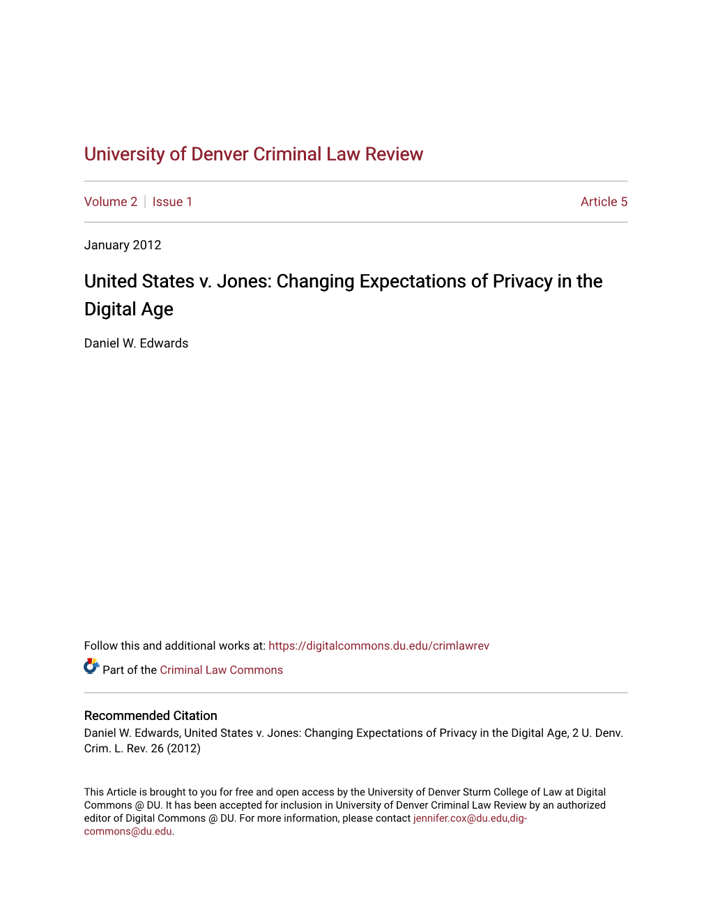 United States V. Jones: Changing Expectations of Privacy in the Digital Age