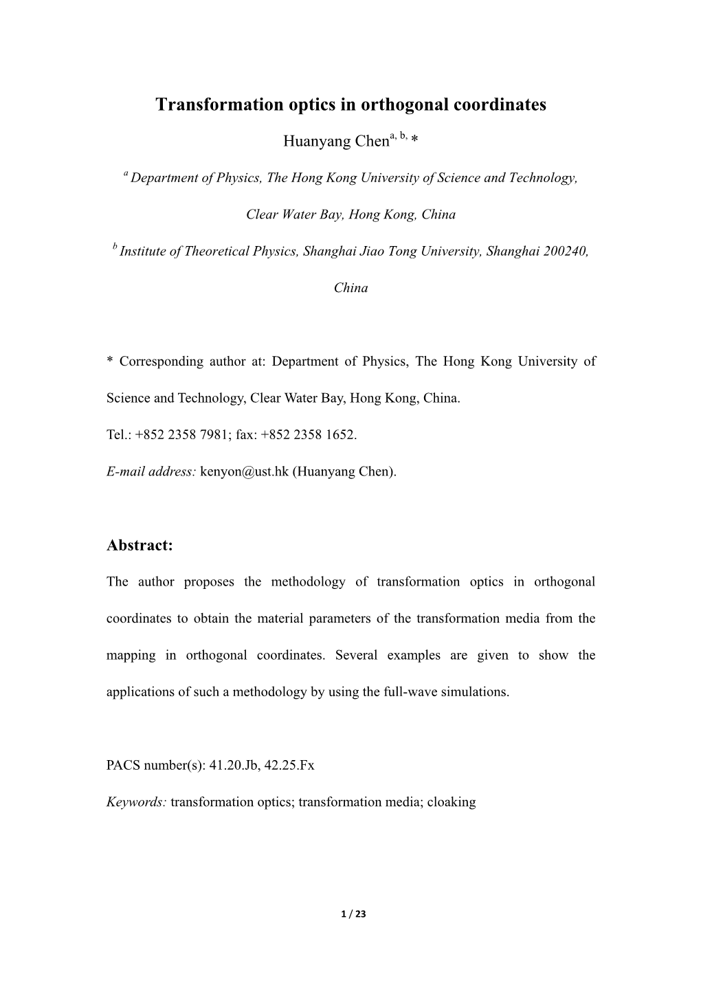 Transformation Optics in Orthogonal Coordinates