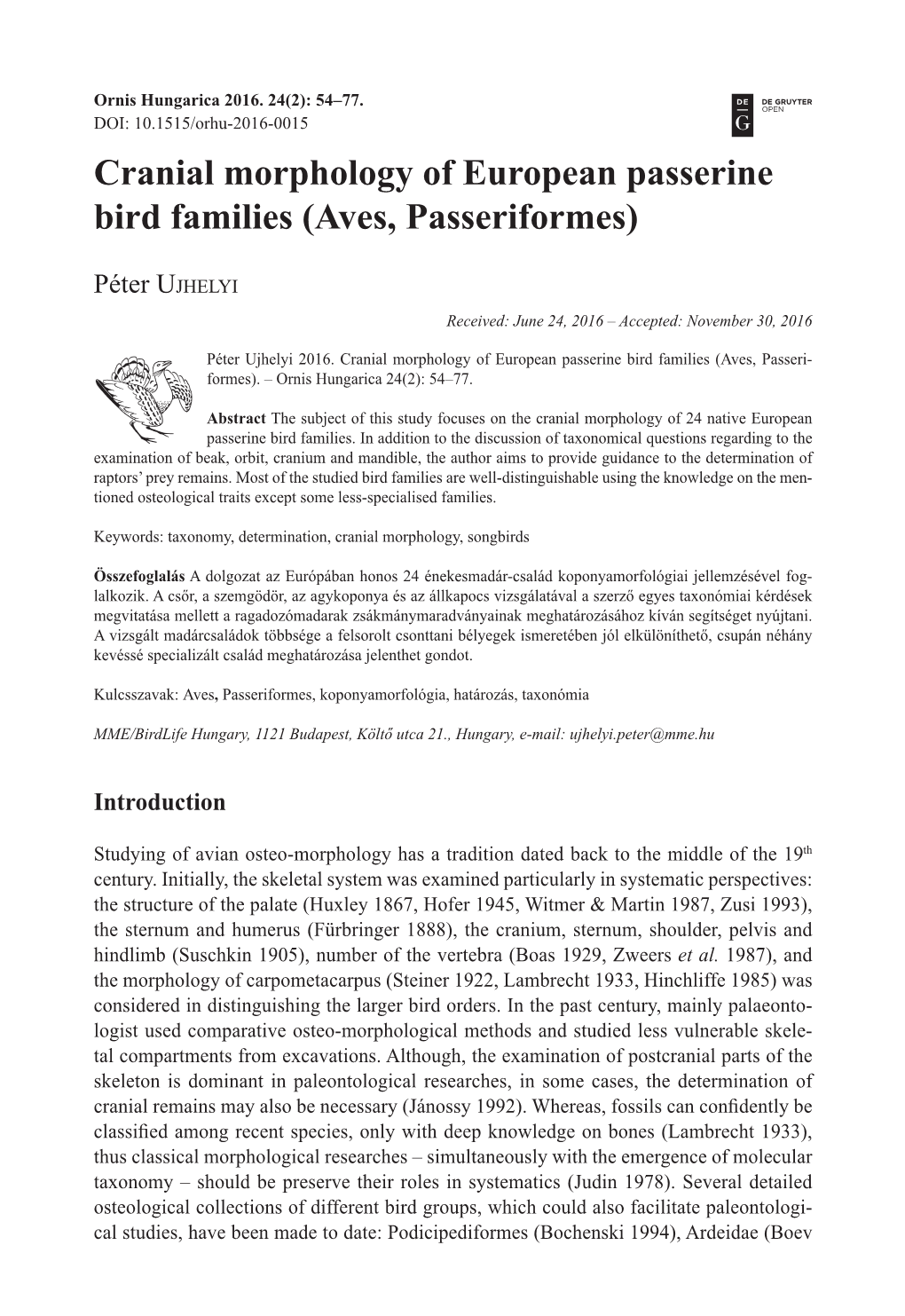 Cranial Morphology of European Passerine Bird Families (Aves, Passeriformes)