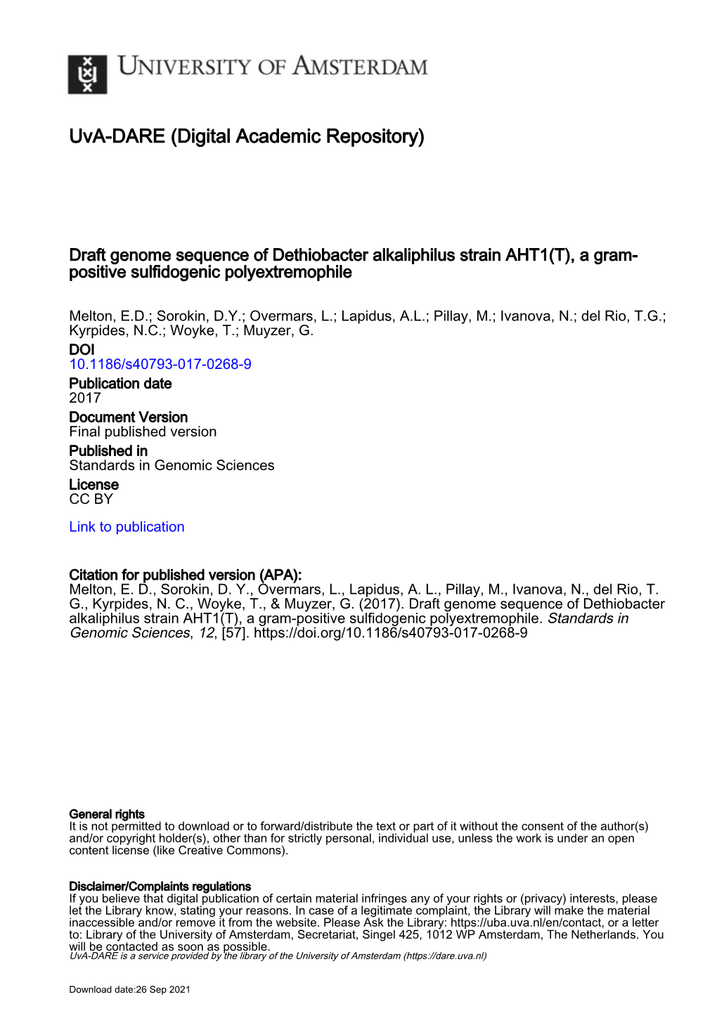 Draft Genome Sequence of Dethiobacter Alkaliphilus Strain AHT1(T), a Gram- Positive Sulfidogenic Polyextremophile