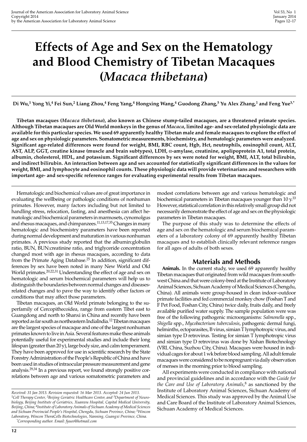 Effects of Age and Sex on the Hematology and Blood Chemistry of Tibetan Macaques (&lt;I&gt;Macaca Thibetana&lt;/I&gt;)