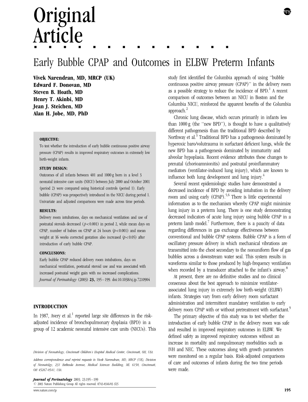 Early Bubble CPAP and Outcomes in ELBW Preterm Infants