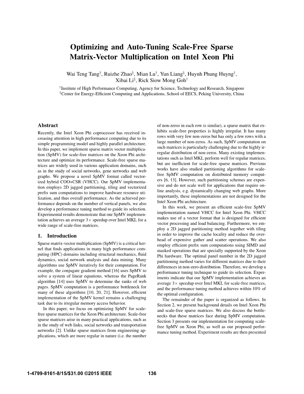 Optimizing and Auto-Tuning Scale-Free Sparse Matrix-Vector Multiplication on Intel Xeon Phi