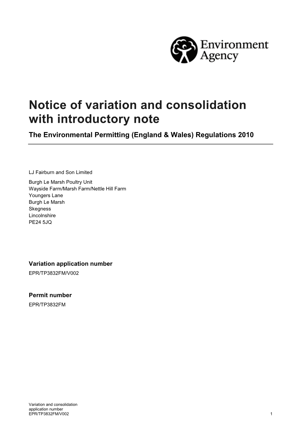 Notice of Variation and Consolidation with Introductory Note the Environmental Permitting (England & Wales) Regulations 2010