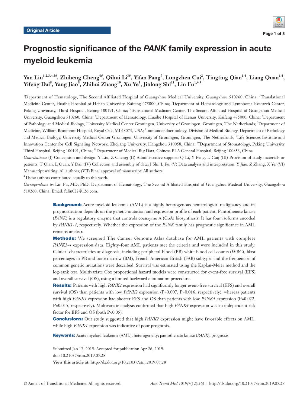 Prognostic Significance of the PANK Family Expression in Acute Myeloid Leukemia