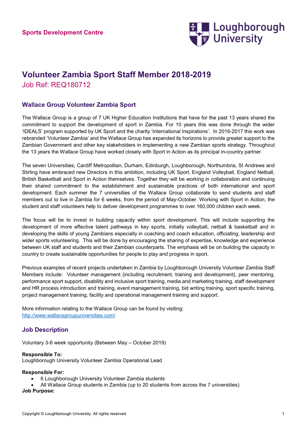 Volunteer Zambia Sport Staff Member 2018-2019 Job Ref: REQ180712
