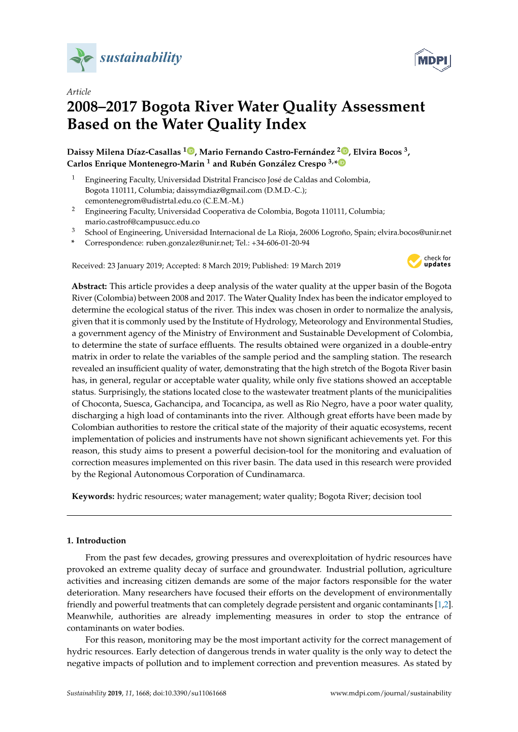 2008–2017 Bogota River Water Quality Assessment Based on the Water Quality Index