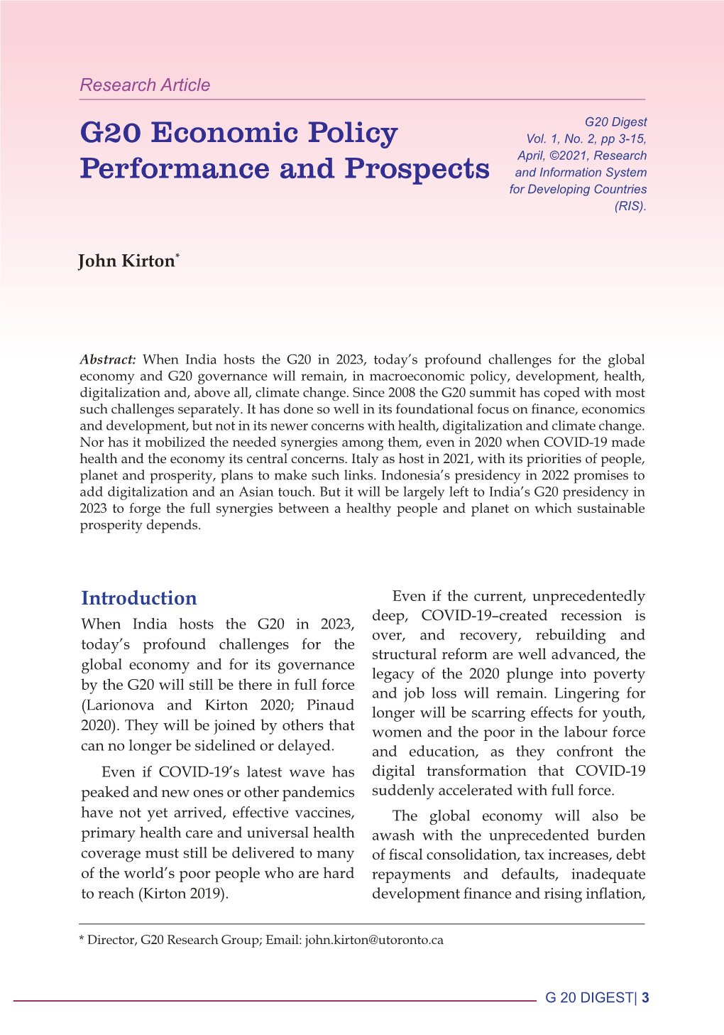 G20 Economic Policy Performance and Prospects