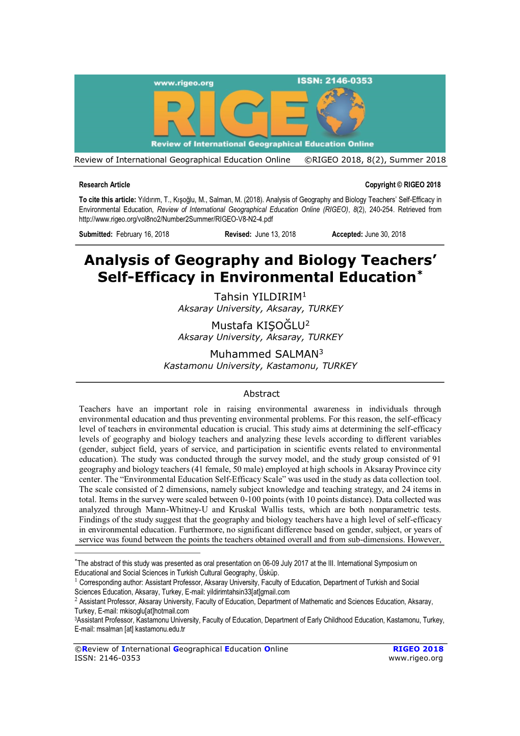 Analysis of Geography and Biology Teachers' Self-Efficacy In