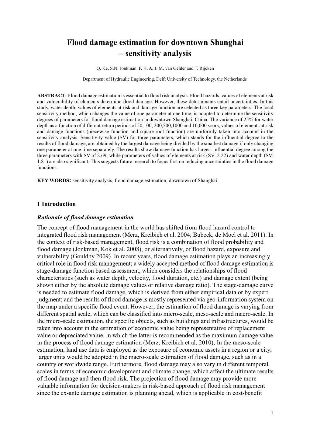 Flood Damage Estimation for Downtown Shanghai – Sensitivity Analysis