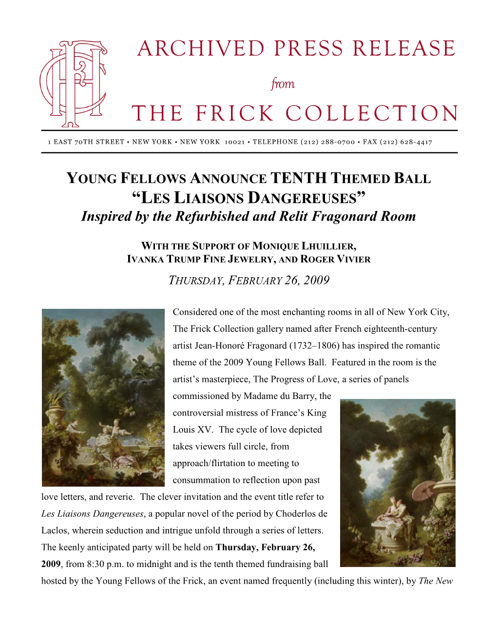 PRESS RELEASE from the FRICK COLLECTION