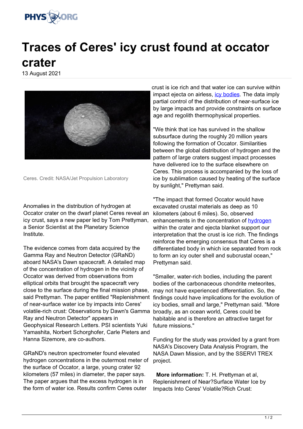 Traces of Ceres' Icy Crust Found at Occator Crater 13 August 2021