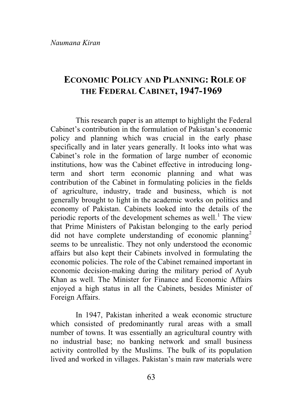 Economic Policy and Planning: Role of the Federal Cabinet, 1947-1969