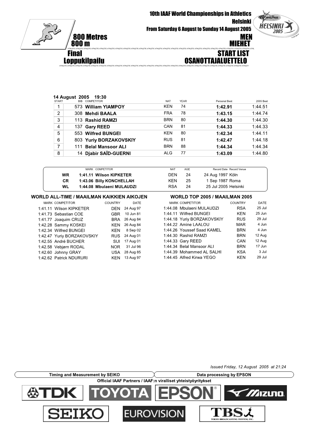 Final START LIST 800 Metres MEN Loppukilpailu OSANOTTAJALUETTELO 800 M MIEHET