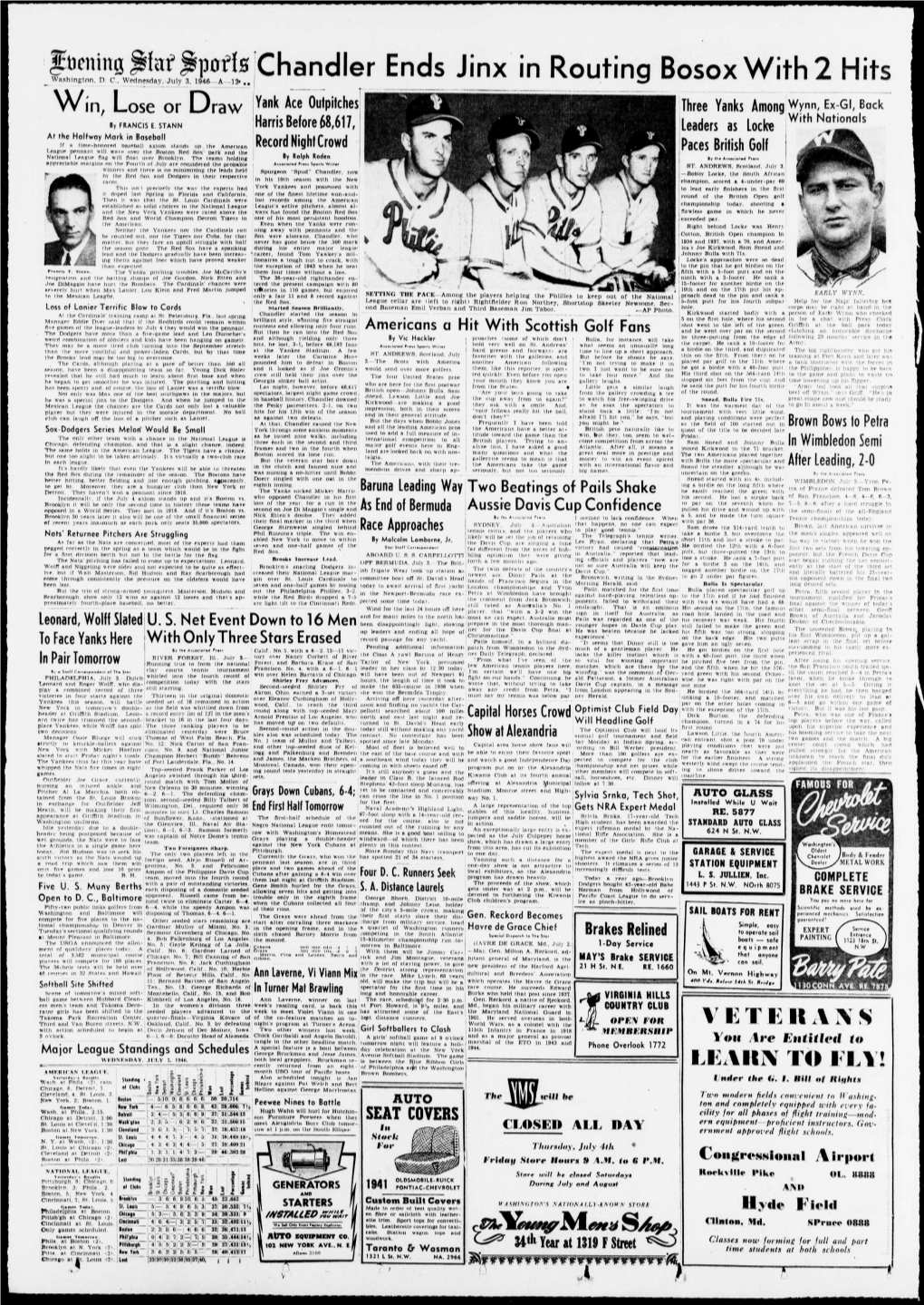 Chandler Ends Jinx in Routing Bosoxwith2 Hits Yank Ace Oufpitches Three Yanks Among Wynn, Ex-GI, Back with Nationals by FRANCIS E
