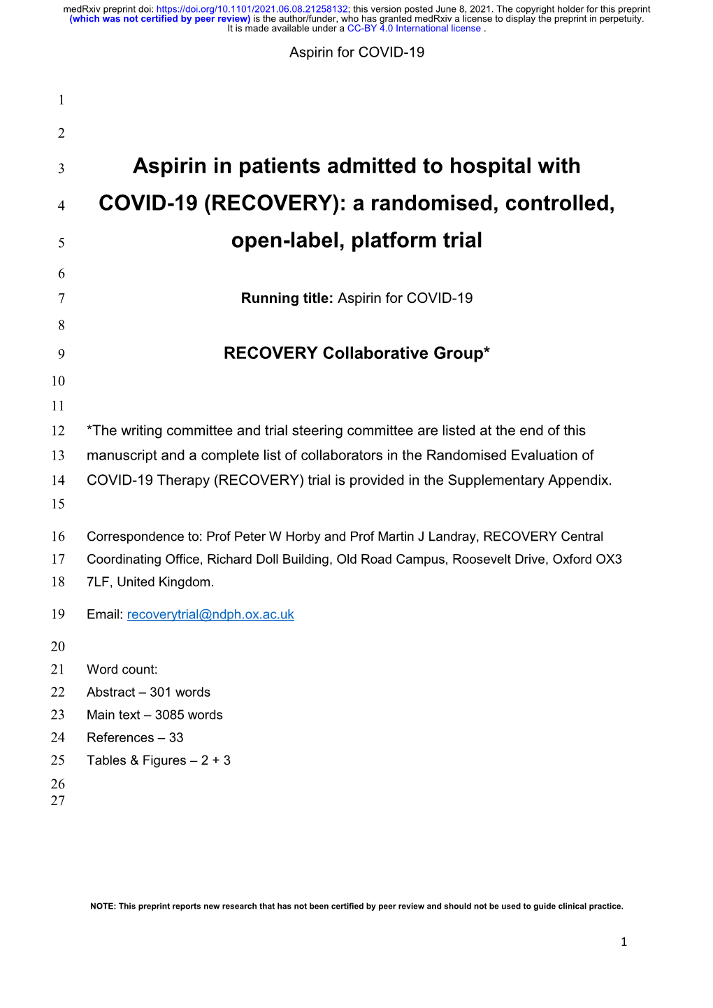 Aspirin in Patients Admitted to Hospital with COVID-19 (RECOVERY): a Randomised, Controlled, Open-Label, Platform Trial