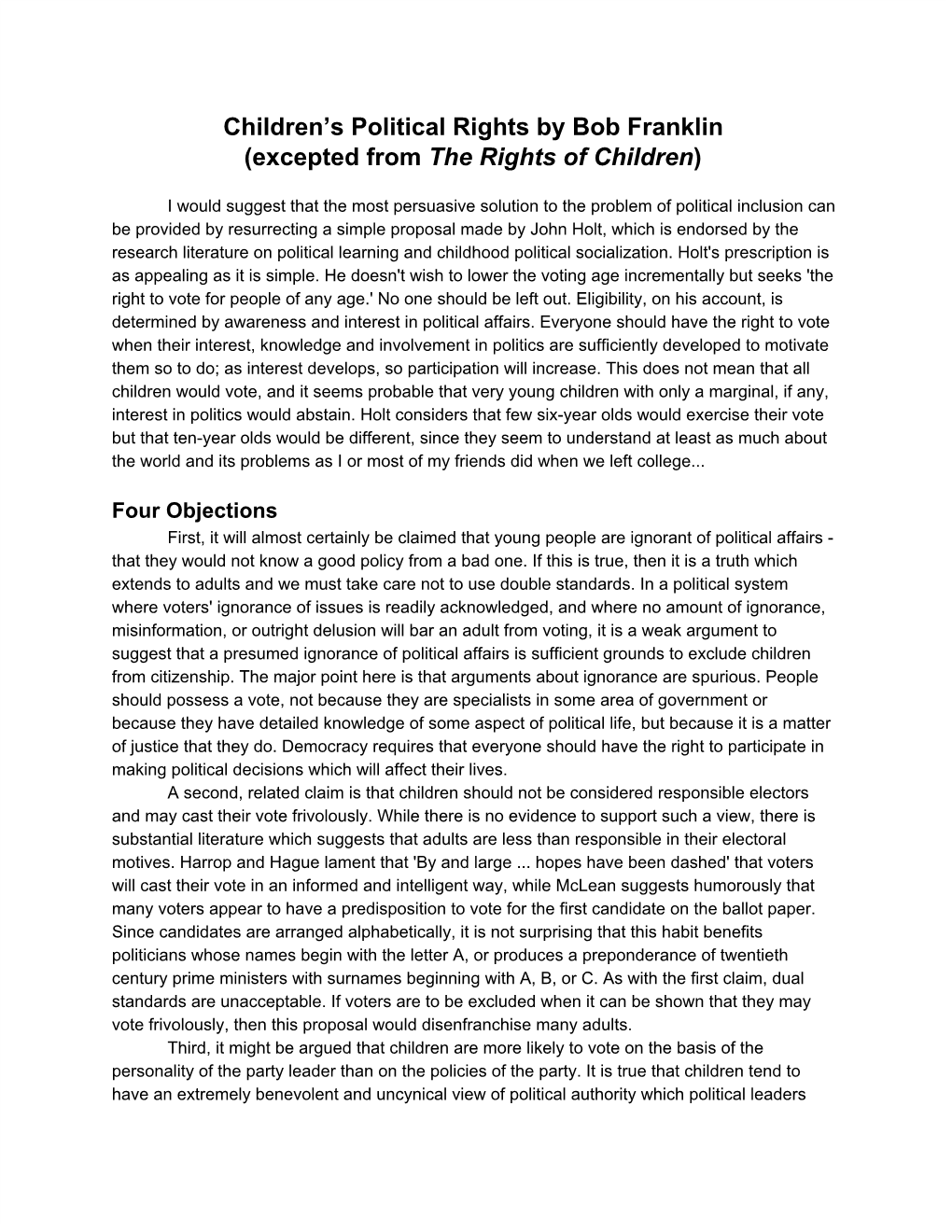 Children's​ ​Political​ ​Rights​ ​By​ ​Bob​ ​Franklin (Excepted​ ​From​ ​​The​ ​Rights​