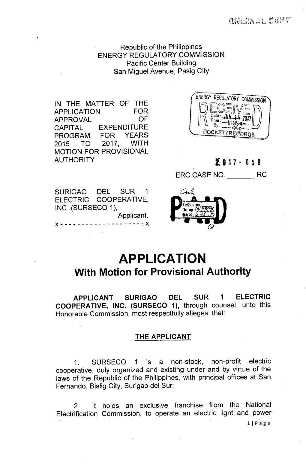 ECEIIVE APPROVAL � of \ Time: /J by CAPITAL �EXPENDITURE PROGRAM for YEARS 2015 to 2017, with MOTION for PROVISIONAL AUTHORITY Ou- 059 ERC CASE NO