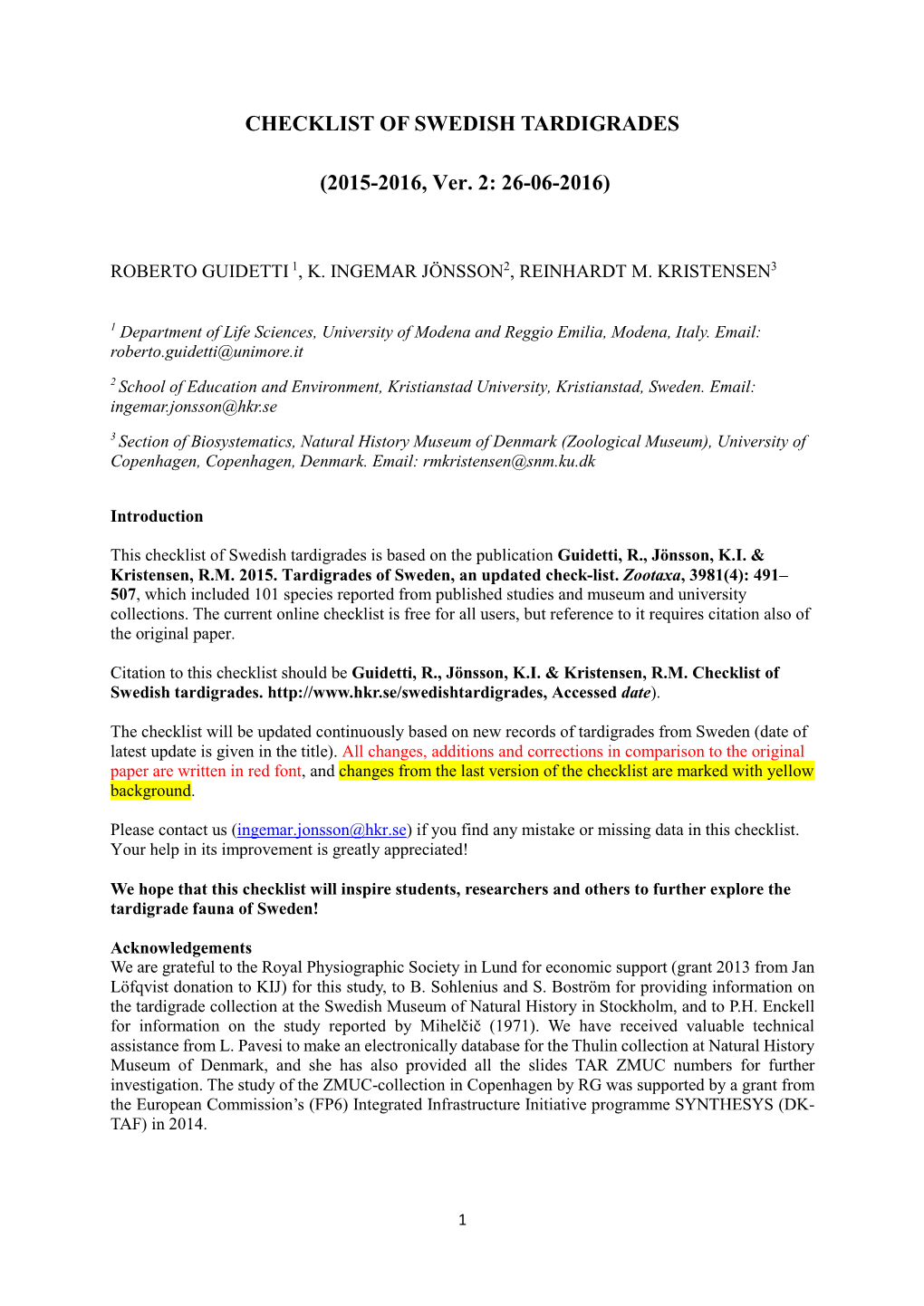 CHECKLIST of SWEDISH TARDIGRADES (2015-2016, Ver. 2