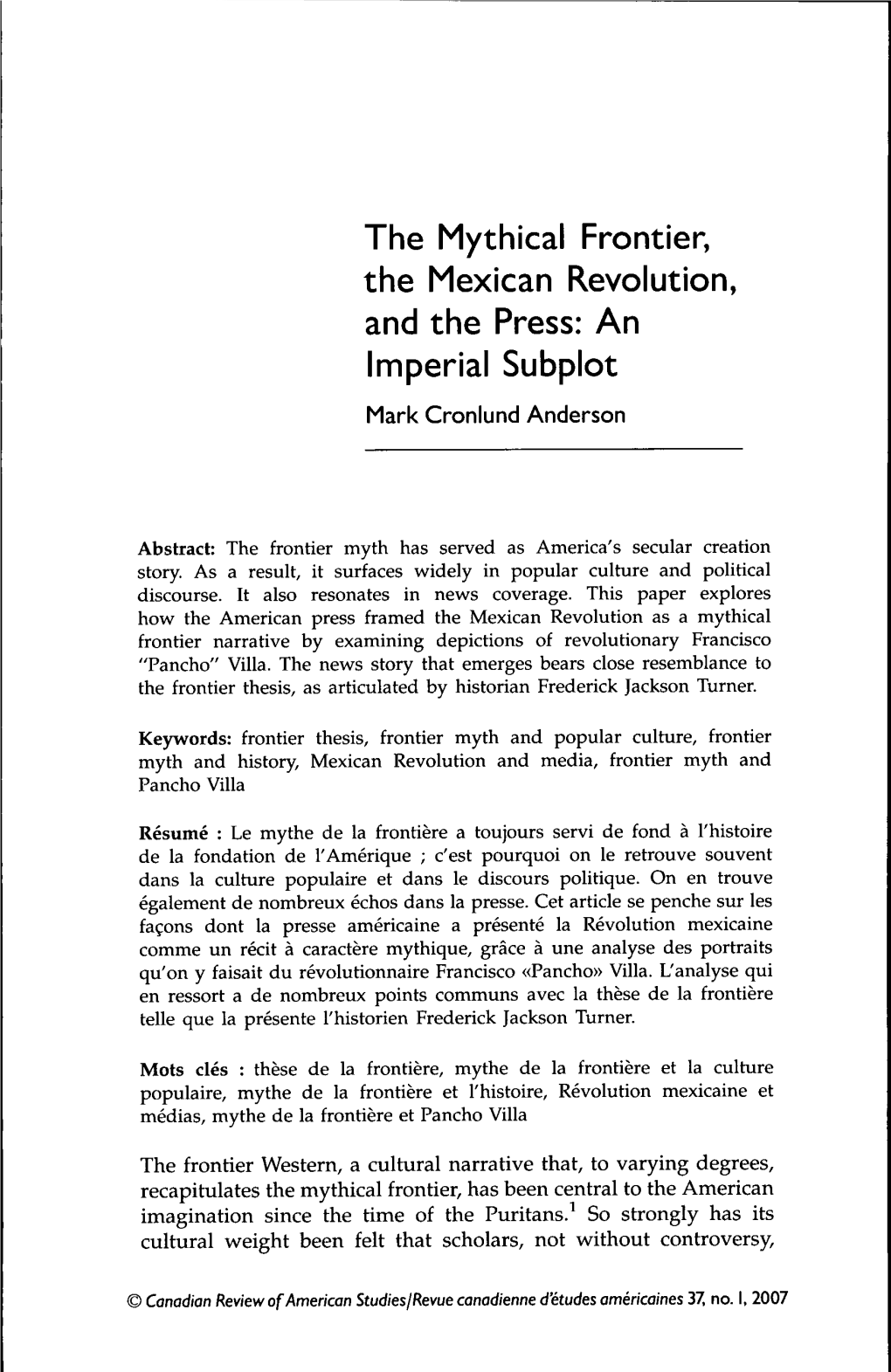 The Mythical Frontier, the Mexican Revolution, and the Press: an Imperial Subplot