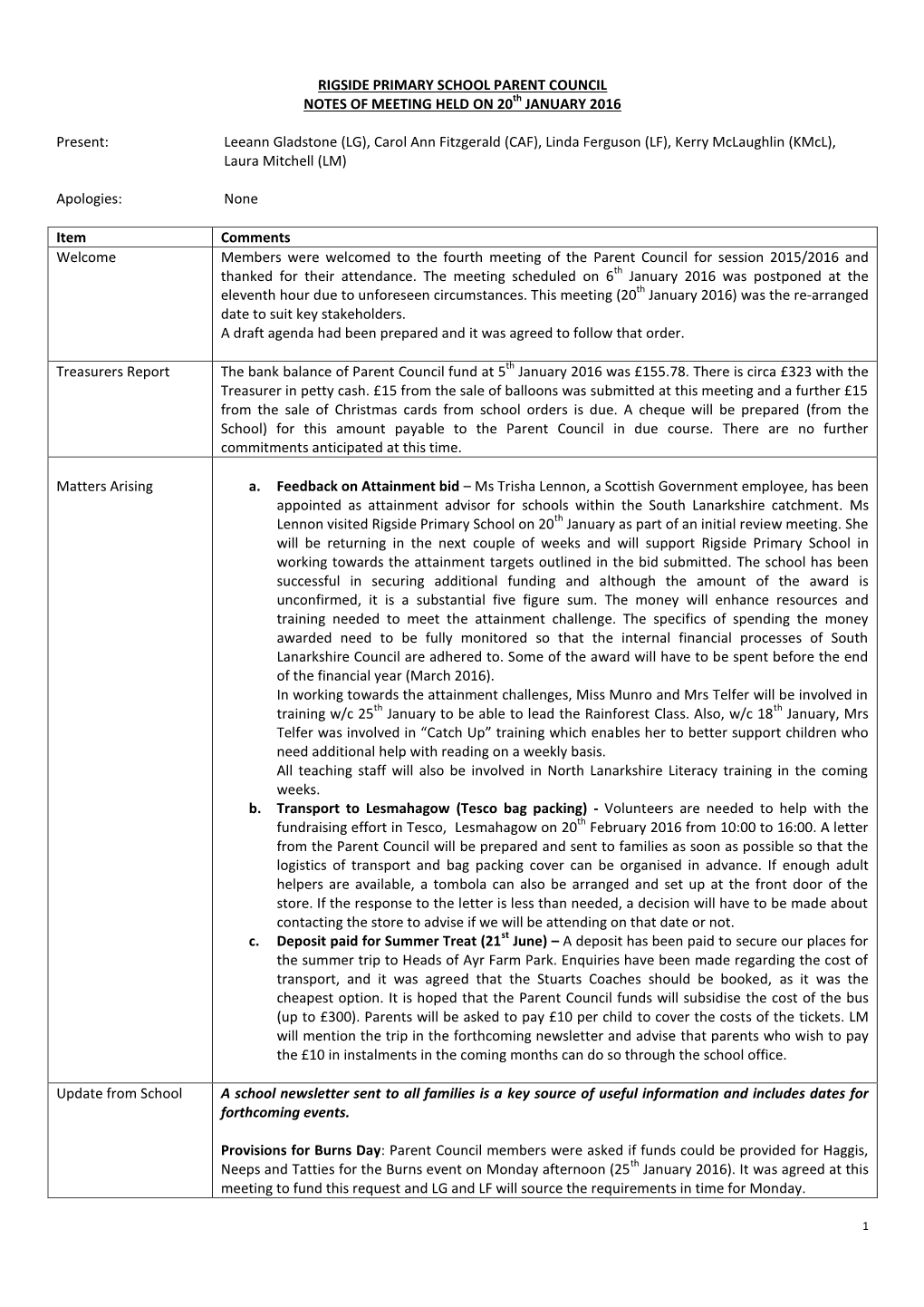 RIGSIDE PRIMARY SCHOOL PARENT COUNCIL NOTES of MEETING HELD on 20Th JANUARY 2016