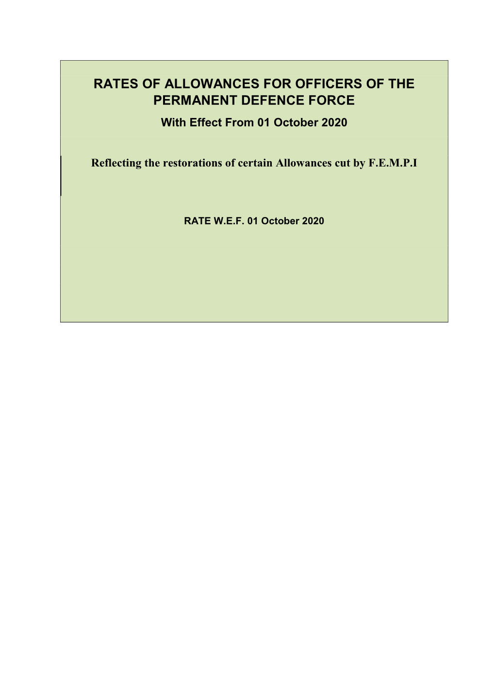 RATES of ALLOWANCES for OFFICERS of the PERMANENT DEFENCE FORCE with Effect from 01 October 2020