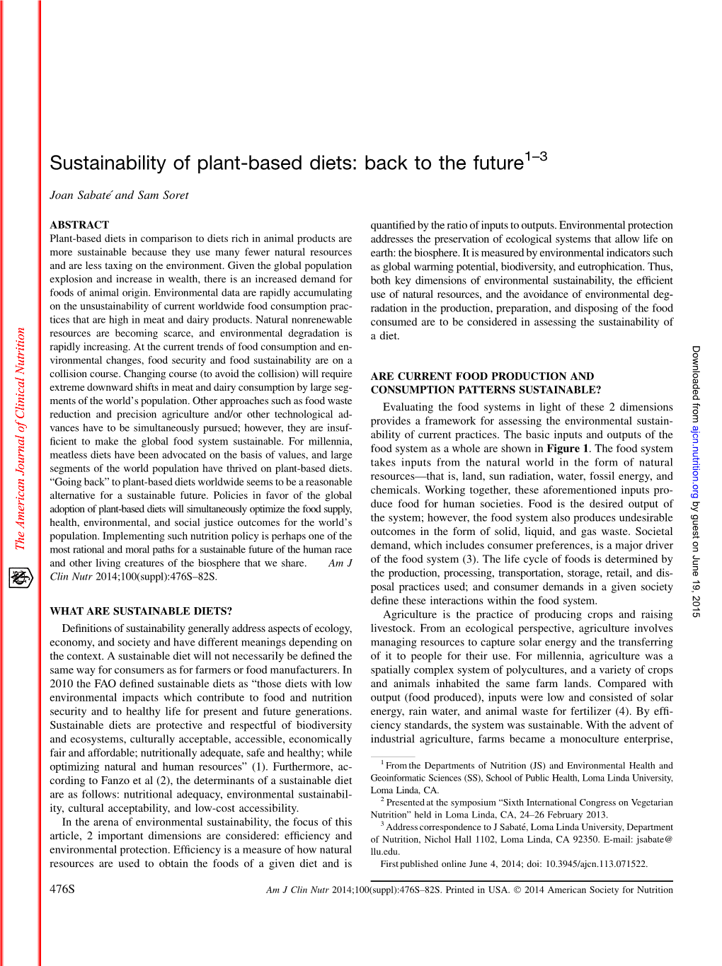 Sustainability of Plant-Based Diets: Back to the Future1–3