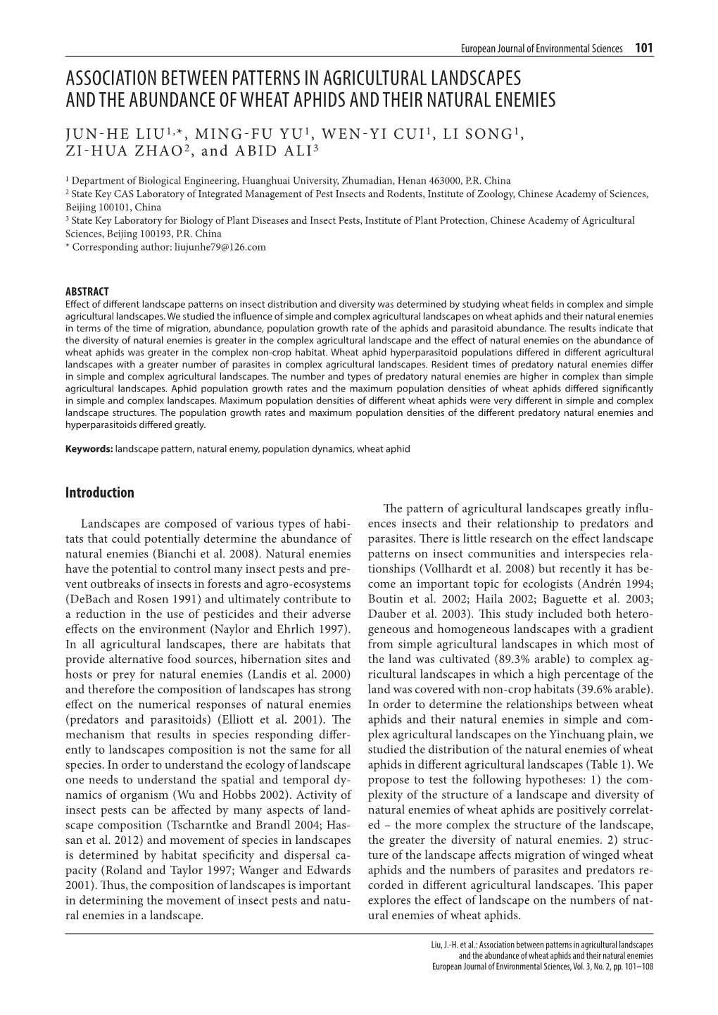 Association Between Patterns in Agricultural Landscapes and the Abundance of Wheat Aphids and Their Natural Enemies