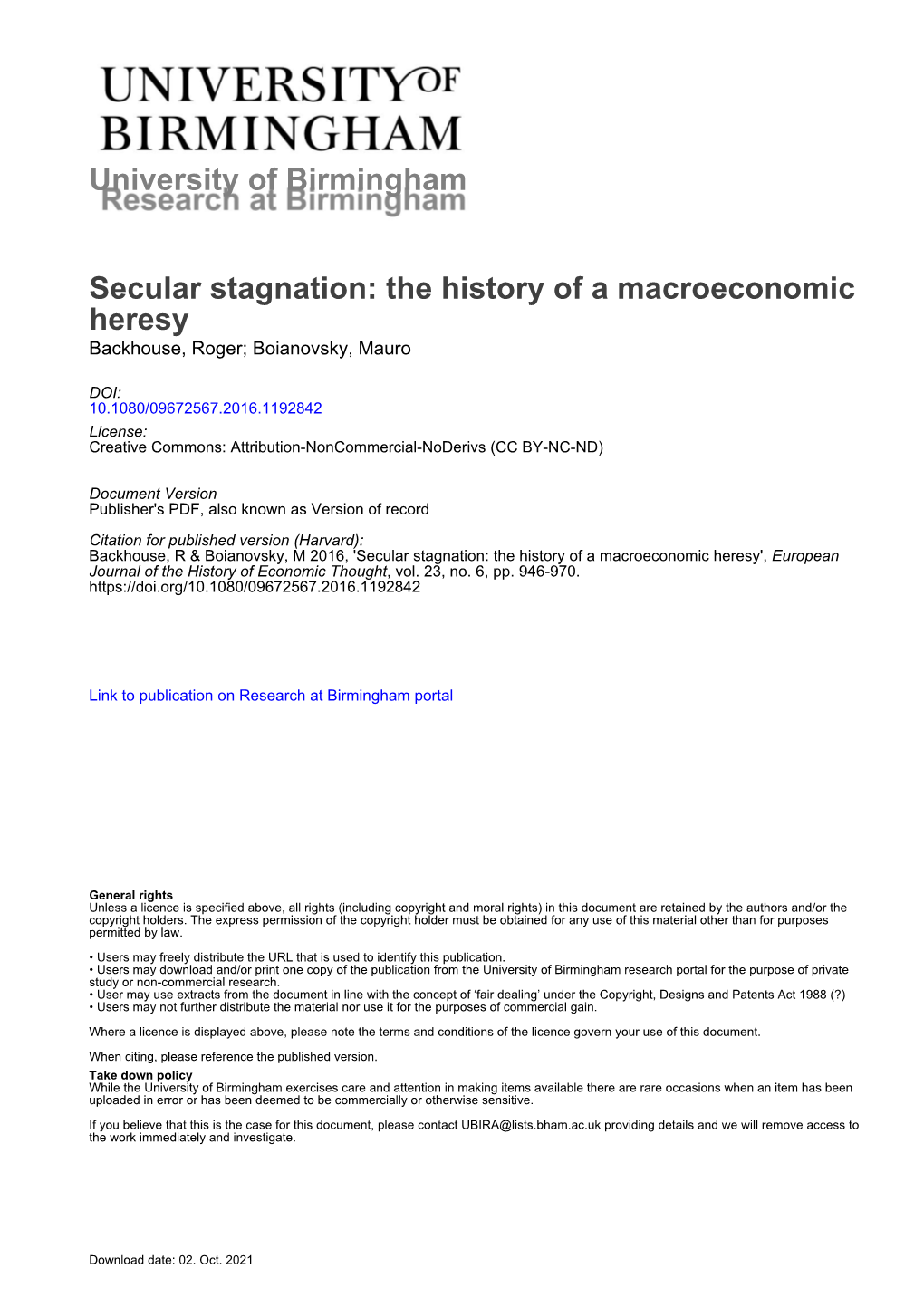 Secular Stagnation: the History of a Macroeconomic Heresy Backhouse, Roger; Boianovsky, Mauro