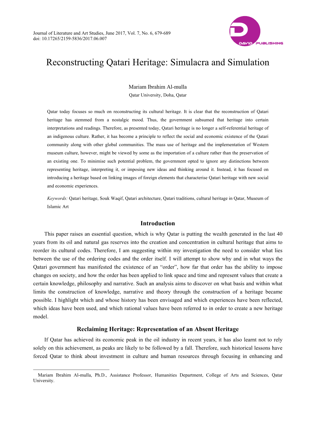Reconstructing Qatari Heritage: Simulacra and Simulation