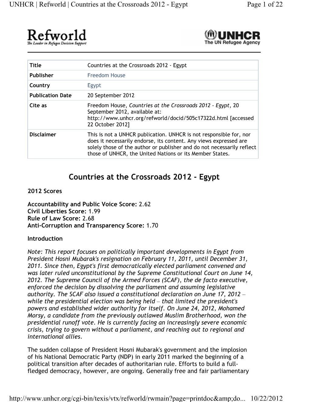 Countries at the Crossroads 2012 - Egypt Page 1 of 22