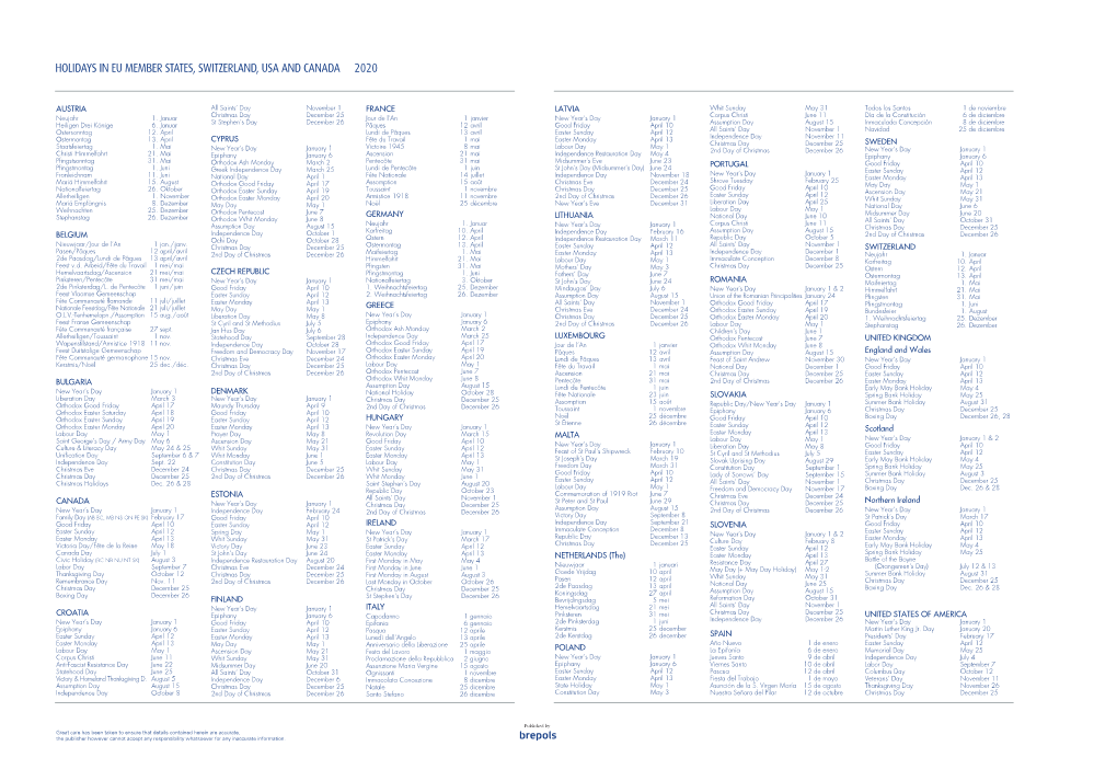 Holidays in Eu Member States, Switzerland, Usa and Canada 2020