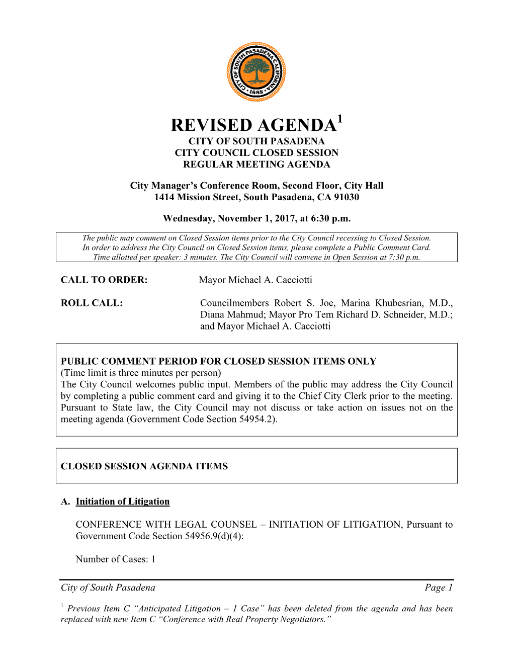 Revised Agenda1 City of South Pasadena City Council Closed Session Regular Meeting Agenda