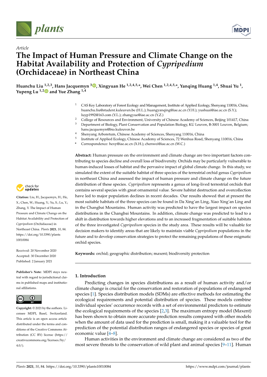 The Impact of Human Pressure and Climate Change on the Habitat Availability and Protection of Cypripedium (Orchidaceae) in Northeast China